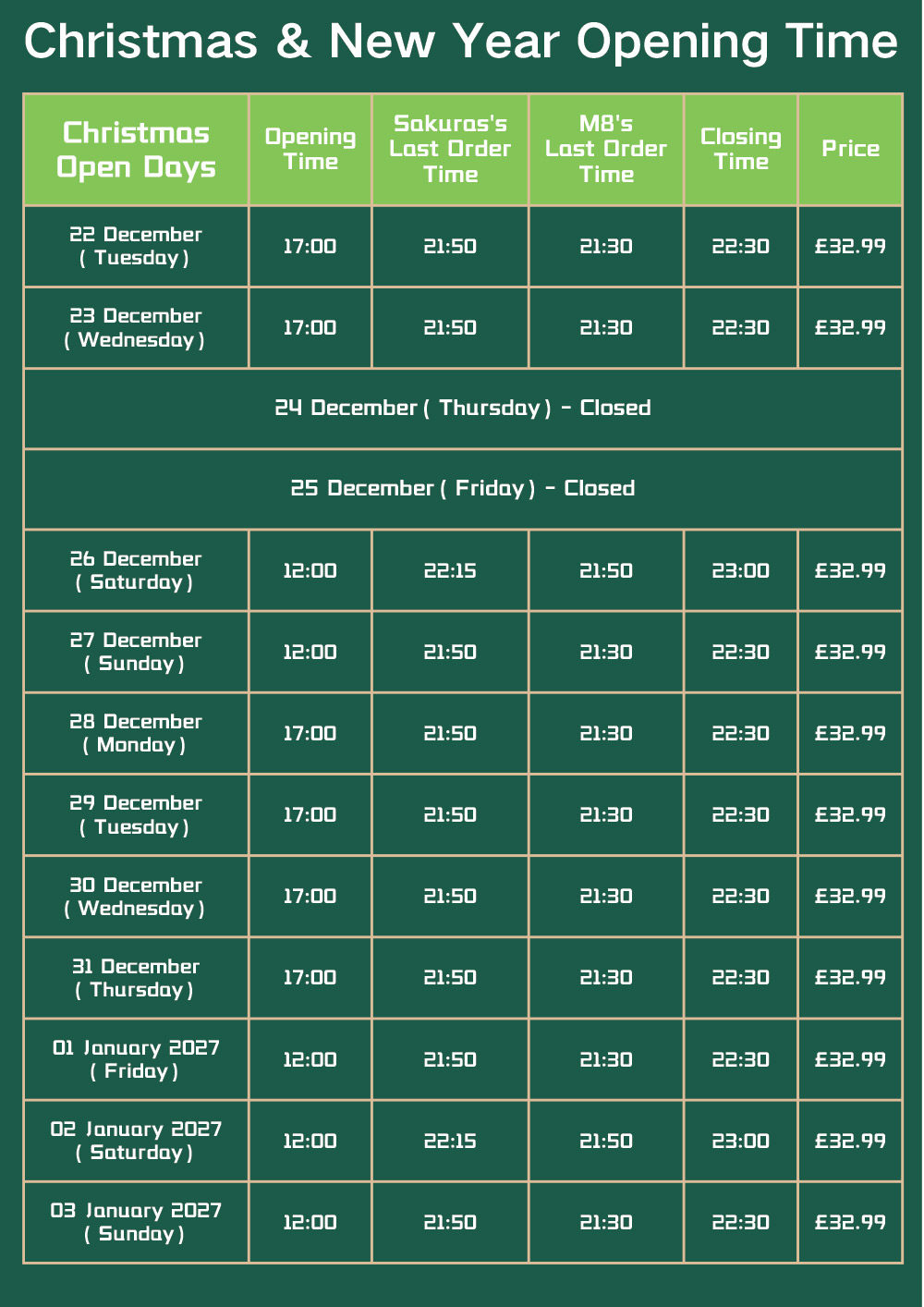 Opening Times Menu Christmas & New Year Opening Times - M8 Hot Pot Restaurant in Manchester